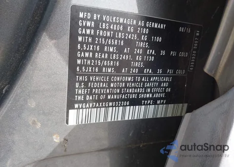 2016 Volkswagen Tiguan S из США, поврежденный, VIN WVGAV7AXXGW032306